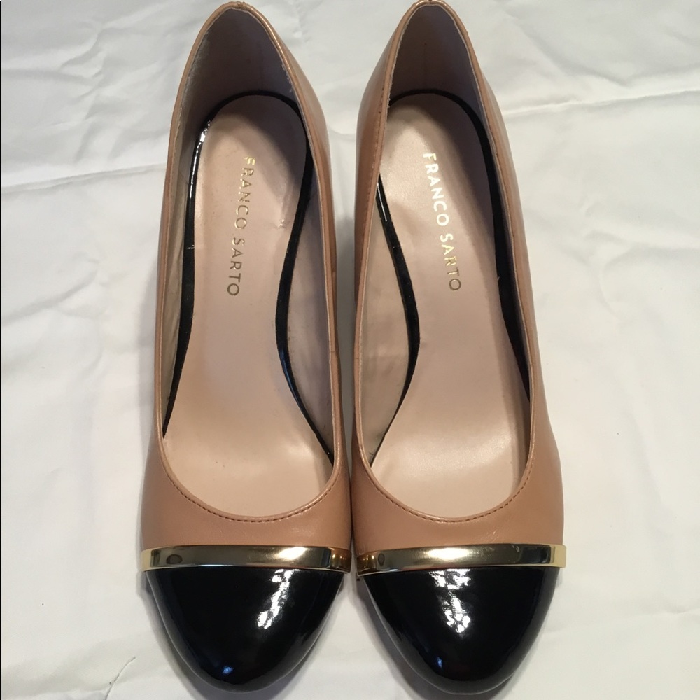 Franco Sarto Nude with Black Toe Wedges; only worn once! Size 8